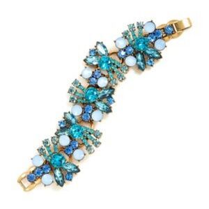 💎 Blue Crystal Flowers Wide Statement Bracelet Cuff 7”